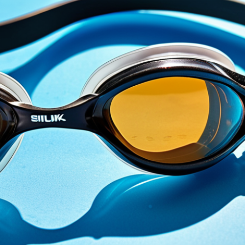 Close-up of various types of swimming goggles (competition, training, open water) displayed with different lenses (clear, tinted, polarized), emphasizing fit and anti-fog coating.