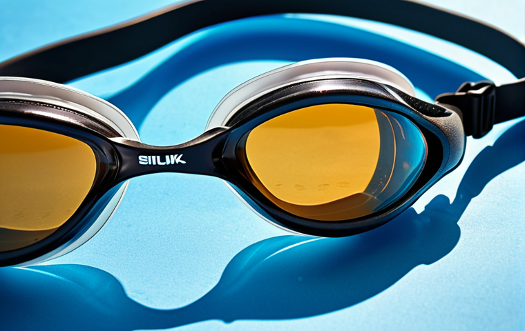 Close-up of various types of swimming goggles (competition, training, open water) displayed with different lenses (clear, tinted, polarized), emphasizing fit and anti-fog coating.