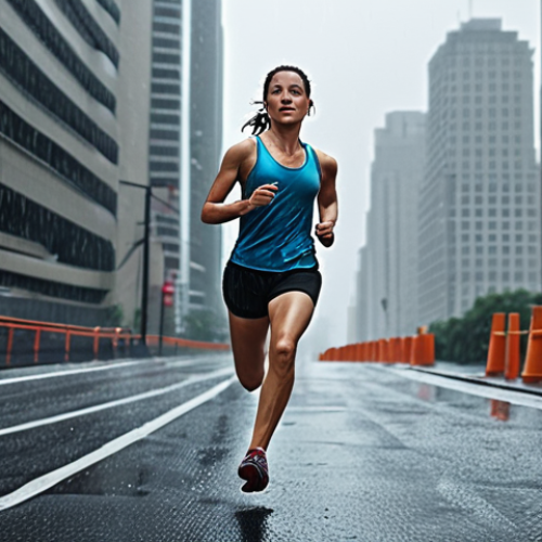**Image:** A person running in the rain, wearing wireless earbuds, with a cityscape in the background. Focus on the runner's enjoyment and freedom despite the weather.