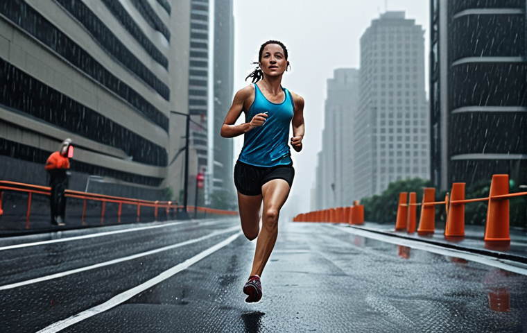 **Image:** A person running in the rain, wearing wireless earbuds, with a cityscape in the background. Focus on the runner's enjoyment and freedom despite the weather.