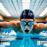 A professional swimmer, fully clothed in a sleek, high-performance, modest training swimsuit, wearing modern silicone goggles with clear lenses and a snug silicone swim cap. The swimmer is expertly executing a crawl stroke, with perfect form and technique, in a pristine, well-lit indoor Olympic-sized swimming pool. The water is crystal clear, reflecting the bright overhead lights. The background shows blurred lane lines and tiled pool walls. The image is captured with professional photography, high detail, natural pose, perfect anatomy, correct proportions, well-formed hands, proper finger count, natural body proportions, ultra realistic, sharp focus, vibrant colors, clean aesthetic, safe for work, appropriate content, fully clothed, professional, modest, family-friendly.